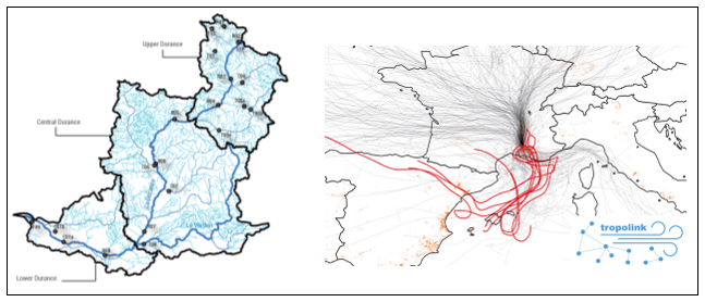 Illustration de voies potentielles de dispersion des bioagresseurs de cultures, à longue distance via les flux hydriques et aériens